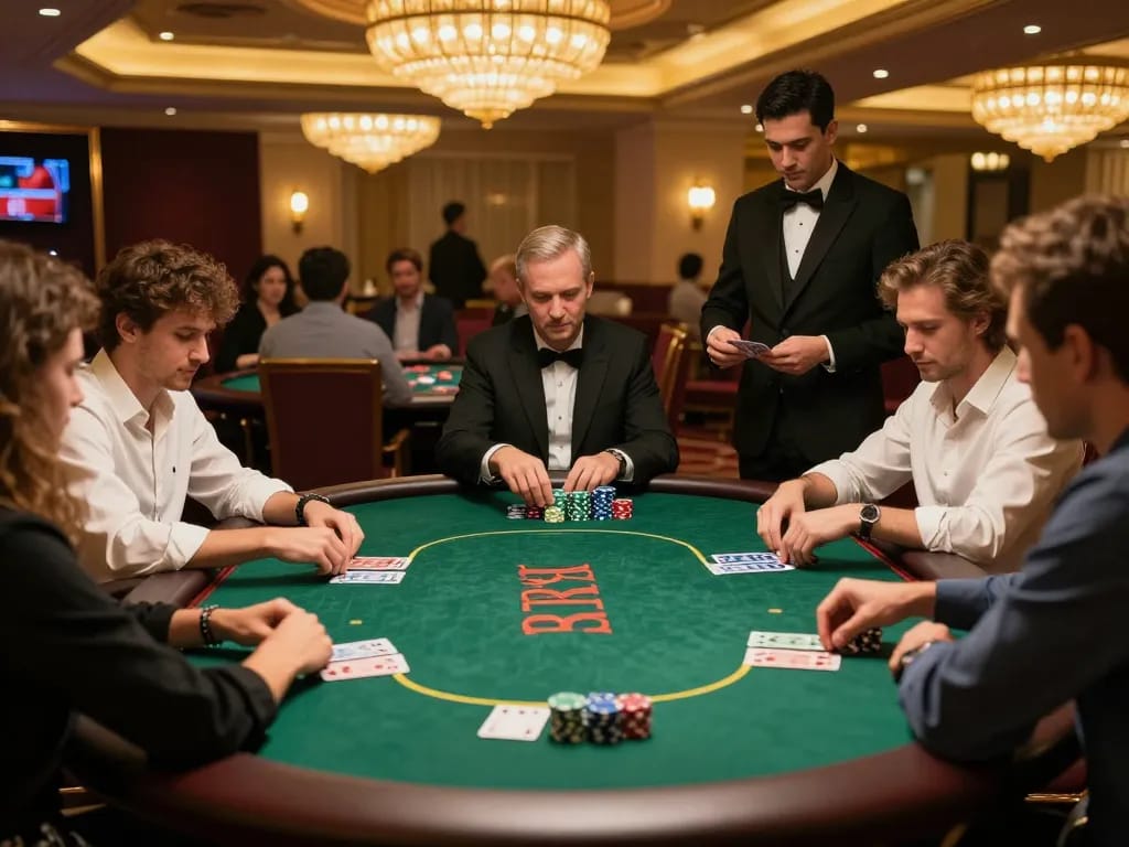 Players engage in a strategic poker game at a luxury casino table, highlighting va88