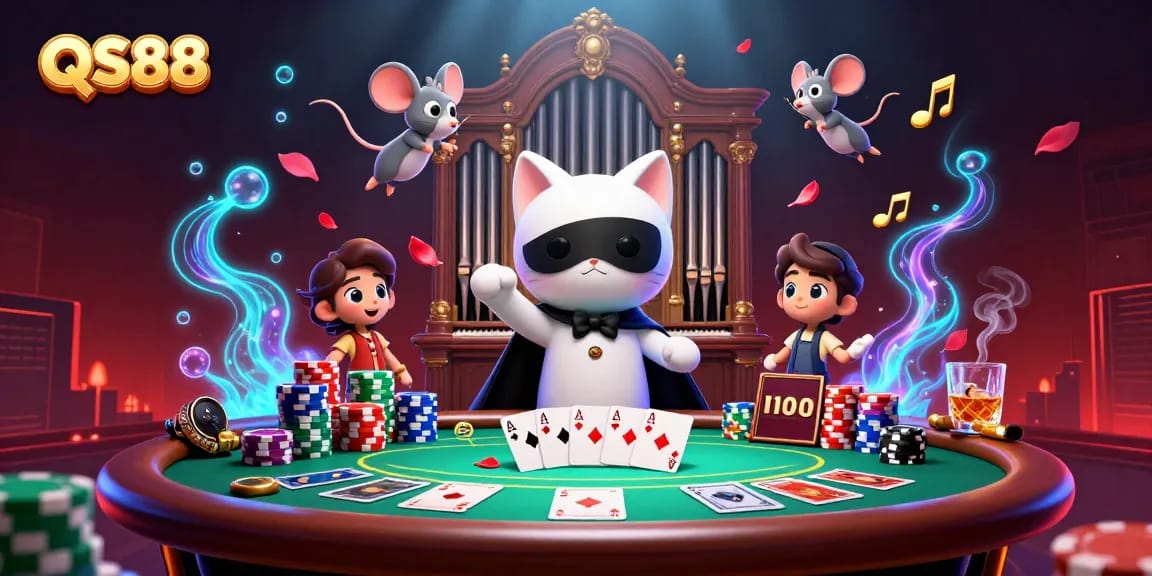 Experience excitement at QS88 with animated casino characters amid poker action and vibrant decor.