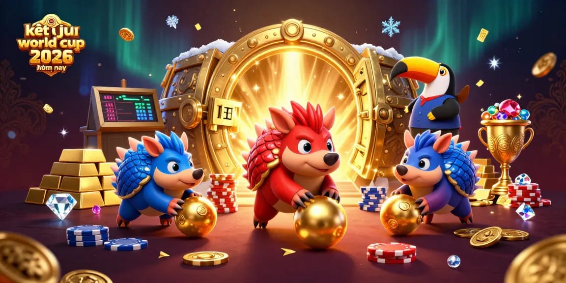 Experience kết quả world cup 2026 hôm nay through a vibrant 3D cartoon illustration featuring playful pangolins in a dynamic betting game.