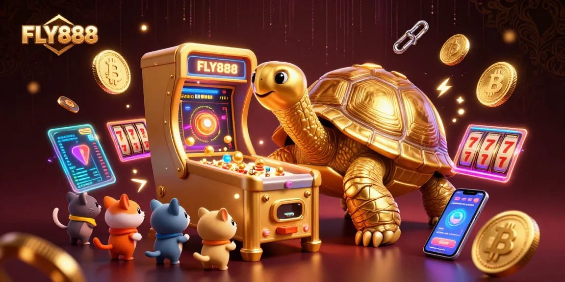 Experience exciting gaming at FLY888 with a vibrant casino-themed illustration showcasing slots and crypto elements.