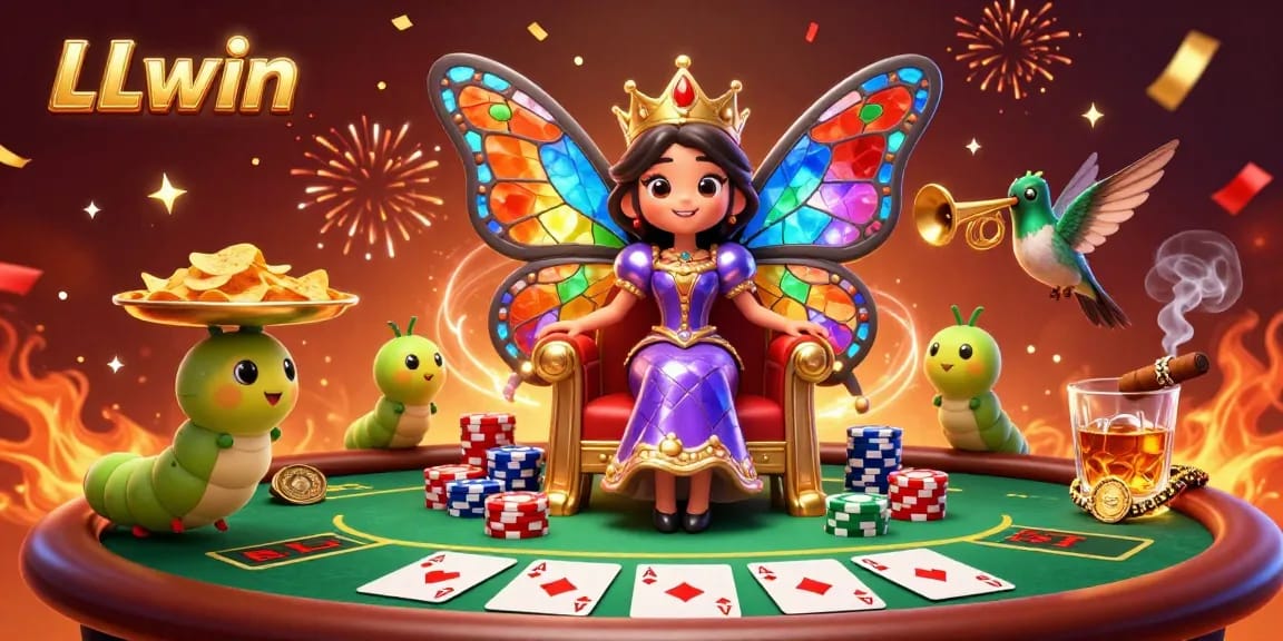 Engage in excitement at LLwin with a vibrant casino scene featuring the butterfly queen and poker elements.