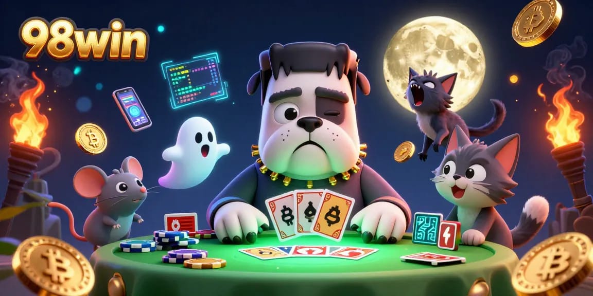Engage in thrilling gameplay at 98win with unique characters and crypto elements in a dynamic 3D casino scene.