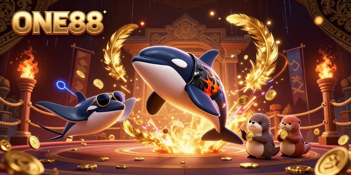 Engage in thrilling gameplay at ONE88 with animated characters, vibrant casino elements, and golden coins!