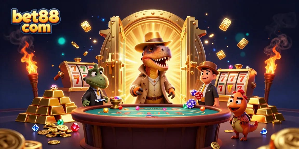 Experience thrilling gameplay at bet88 com with cartoon dinosaurs at a blackjack table.