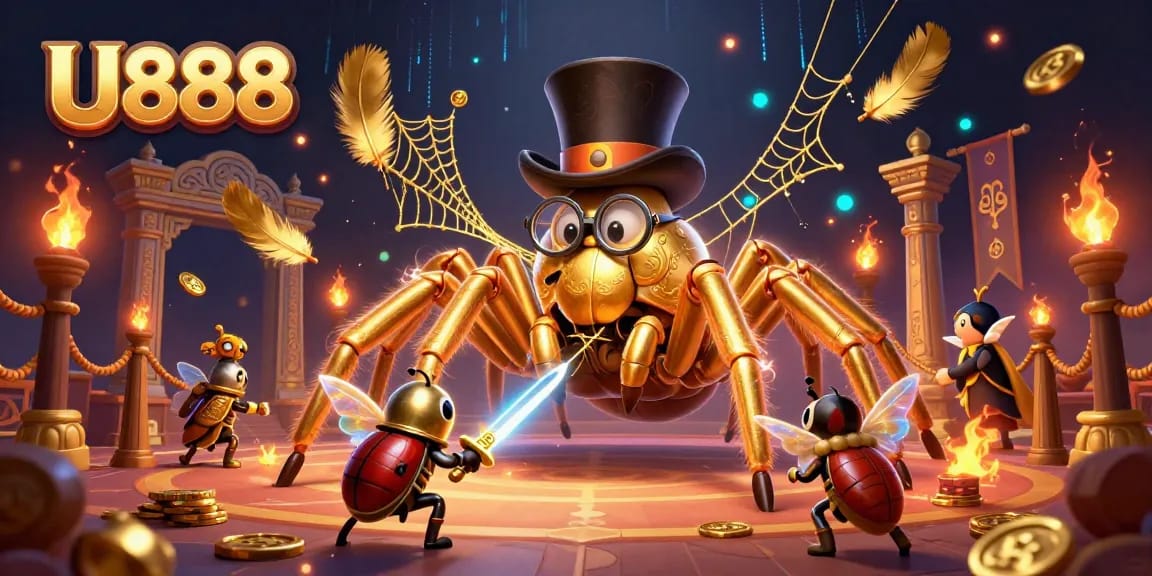 Engage with U888’s vibrant gambling world featuring a cartoonish golden tarantula and beetle knight in a betting arena.