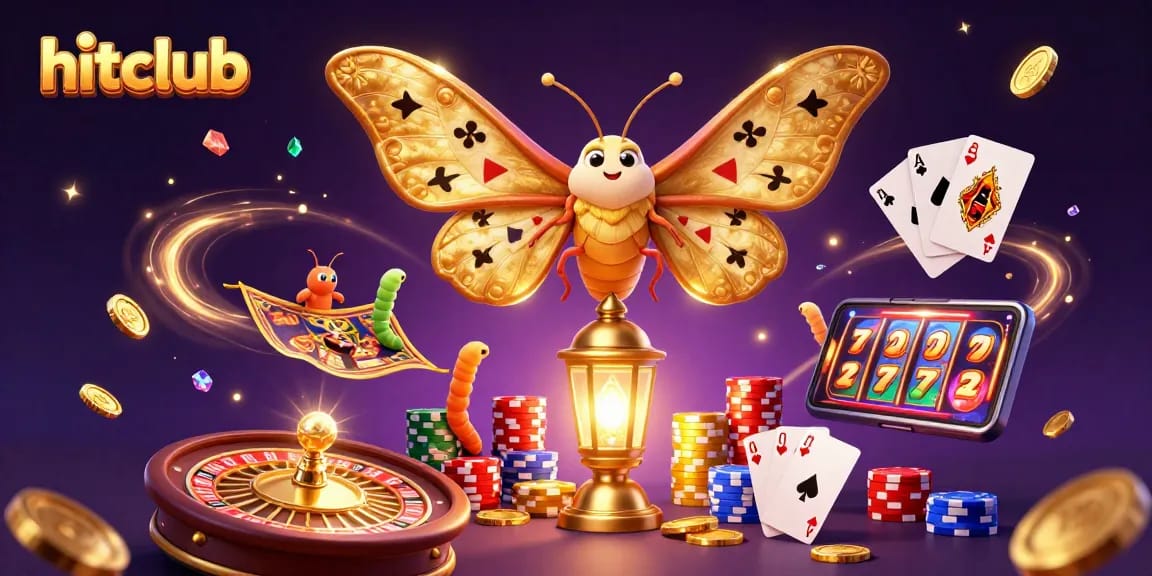 hitclub showcases a vibrant casino scene with an atlas moth, spinning roulette, and golden treasures.