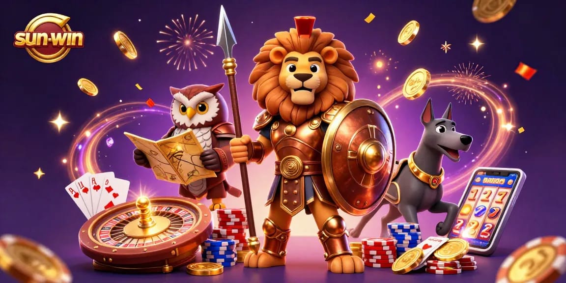 Win at sun-win with a gripping 3D illustration featuring casino characters and vibrant game elements.