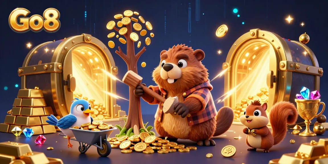 Collect coins and treasures at Go8 with the animated beaver, bird, and squirrel in a vibrant casino scene.