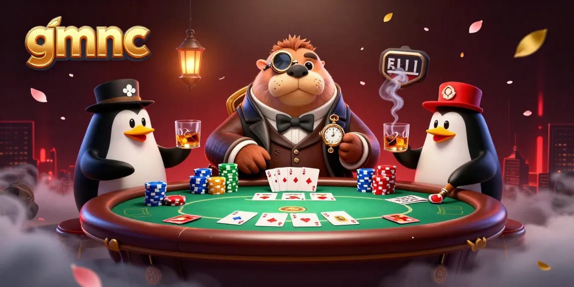 Experience gmnc casino insights with the jolly walrus at an underwater poker table, showcasing vibrant play.