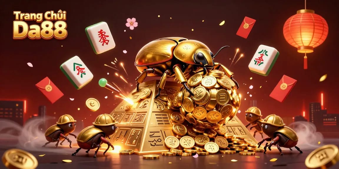 Experience the excitement of Trang Chủ Da88 with golden beetles and casino elements in stunning 3D art.