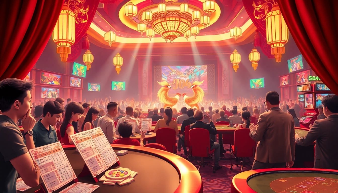 BJ66 đá gà event featuring enthusiastic gamblers and vibrant betting slips in a luxurious casino setting.