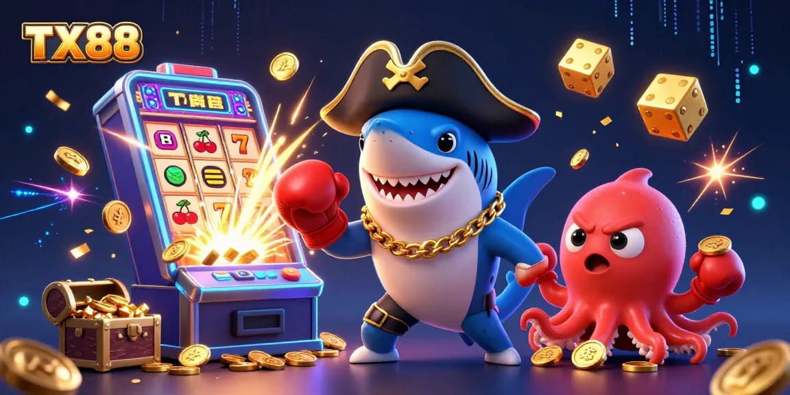 Engage with TX88's vibrant 3D cartoon world featuring a pirate shark, gold coins, and casino excitement.
