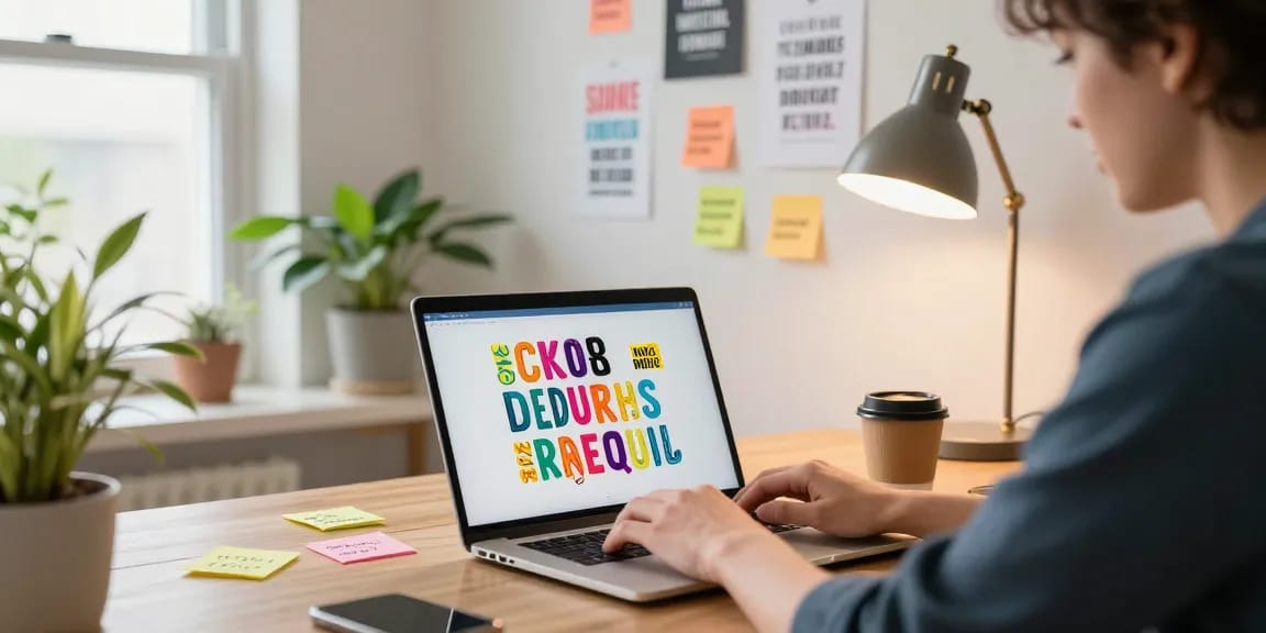 Gerador de letras diferentes em um ambiente de trabalho inspirado com textos coloridos e criativos.