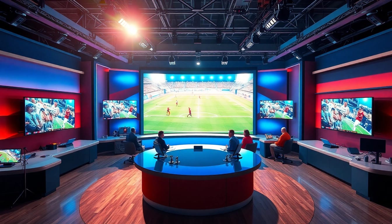 Engaging sports broadcasting studio showcasing hosts discussing live sports broadcasts.