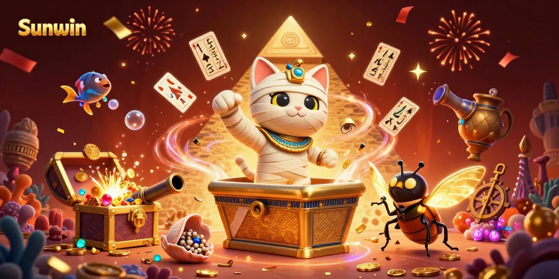 Experience thrilling adventures with Sunwin as an enchanting Egyptian mummy cat bursts from a pyramid casino!