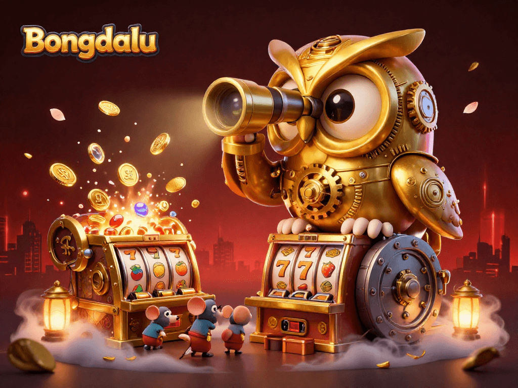 Bongdalu's unique casino atmosphere with a clockwork owl, slot machines, and vibrant elements
