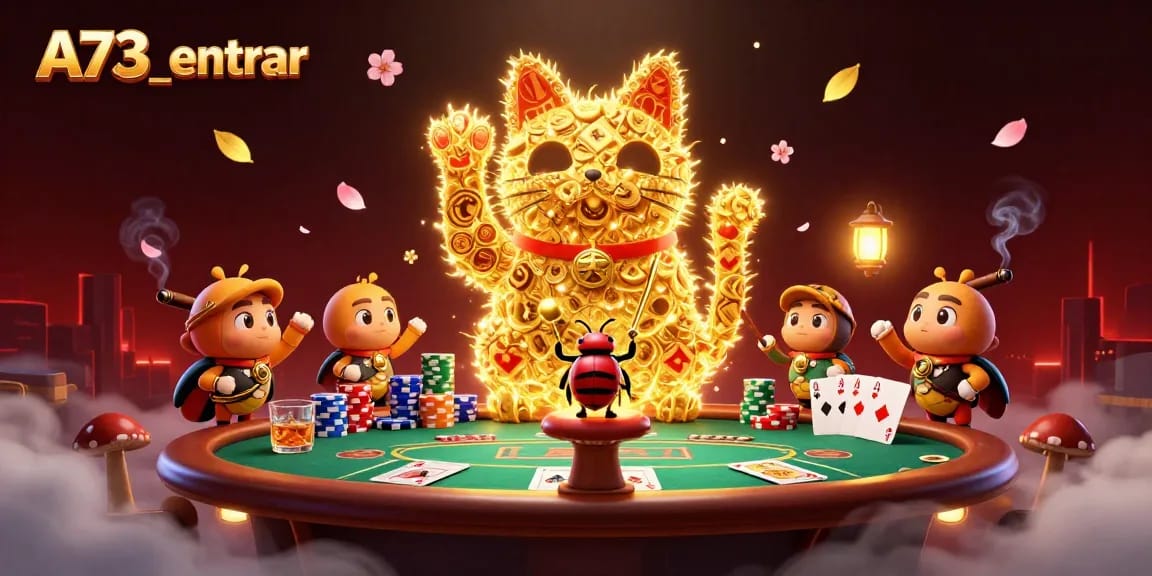 A73_entrar traz uma ilustração colorida e cheia de ação mostrando símbolos de cassino e um gato sortudo.