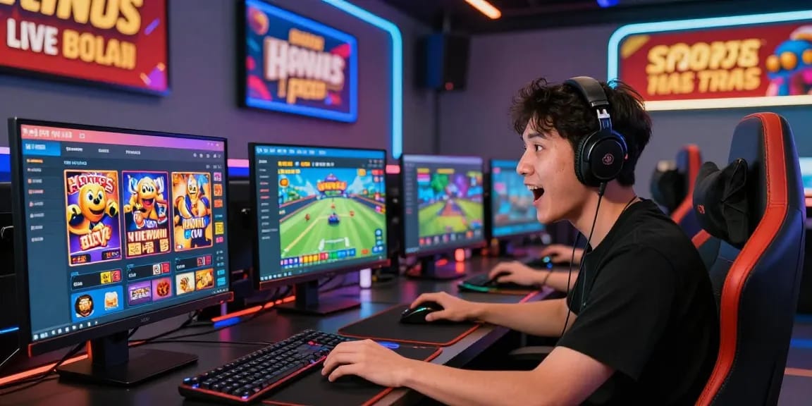 Exciting HAYWIN gaming scene featuring a player engaged with various game displays and accessories in a modern gaming setup.