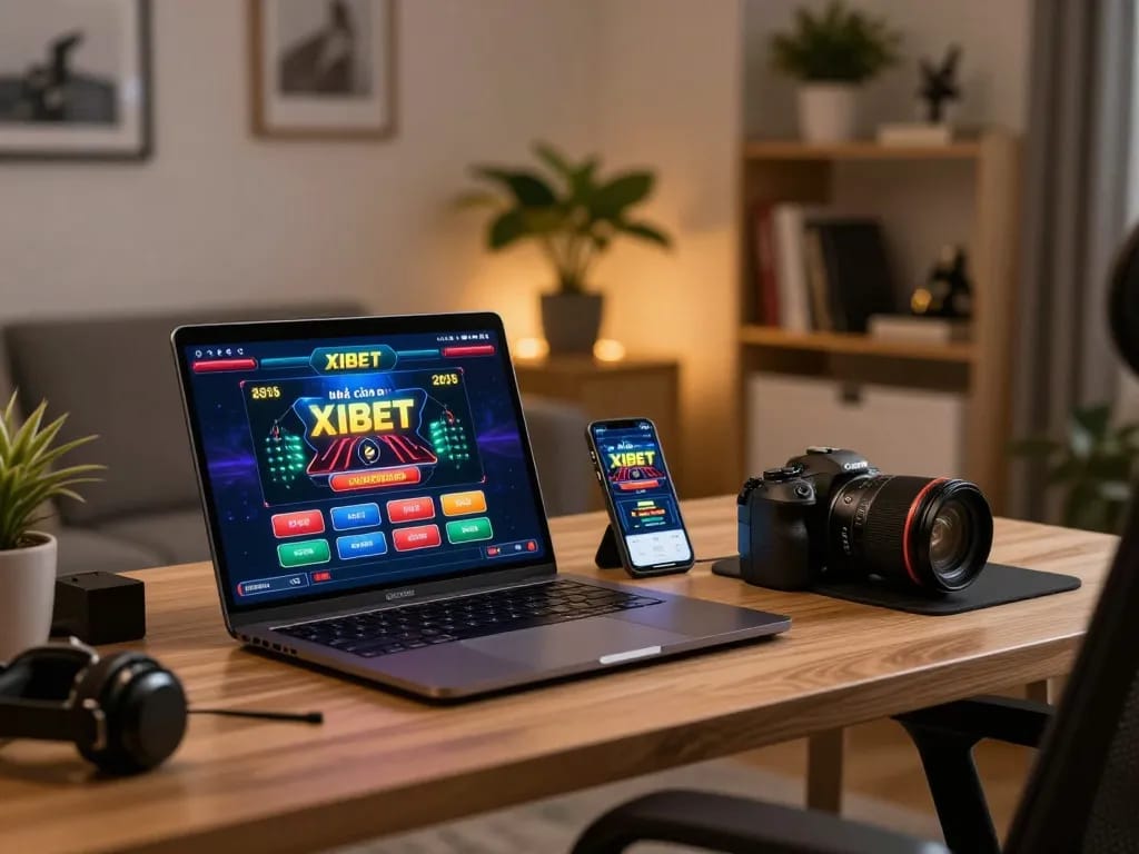 Engaging atmosphere showcasing nhà cái XIBET online casino gaming setup on a laptop and smartphone.
