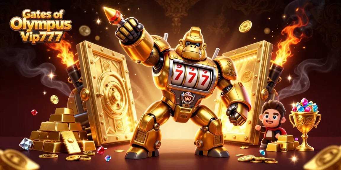 Experience excitement with Gates of Olympus Vip777 as a golden gorilla mech unleashes big wins!