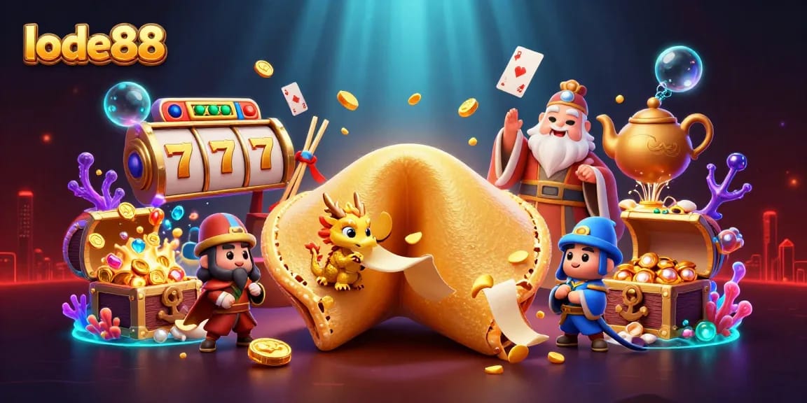 Engage with lode88's vibrant gaming universe, featuring a golden fortune cookie and dynamic slot elements.