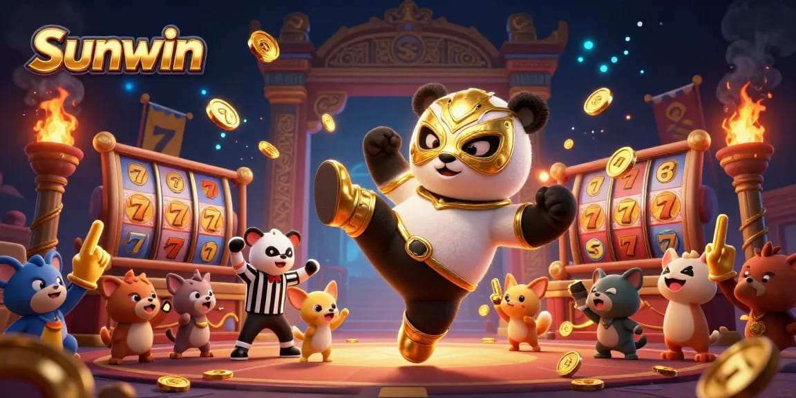 Experience the thrill of Sunwin with a lively wrestling panda and vibrant casino elements.