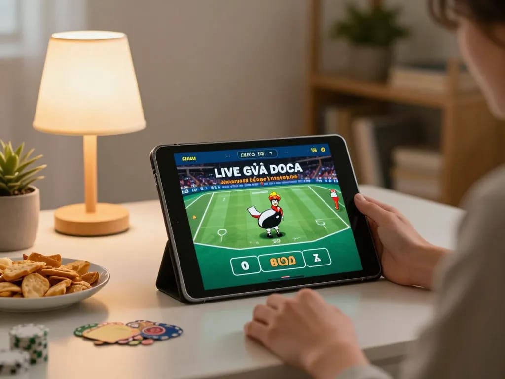 Engaging live gà đá trực tiếp experience from a cozy home, person using tablet for online betting.
