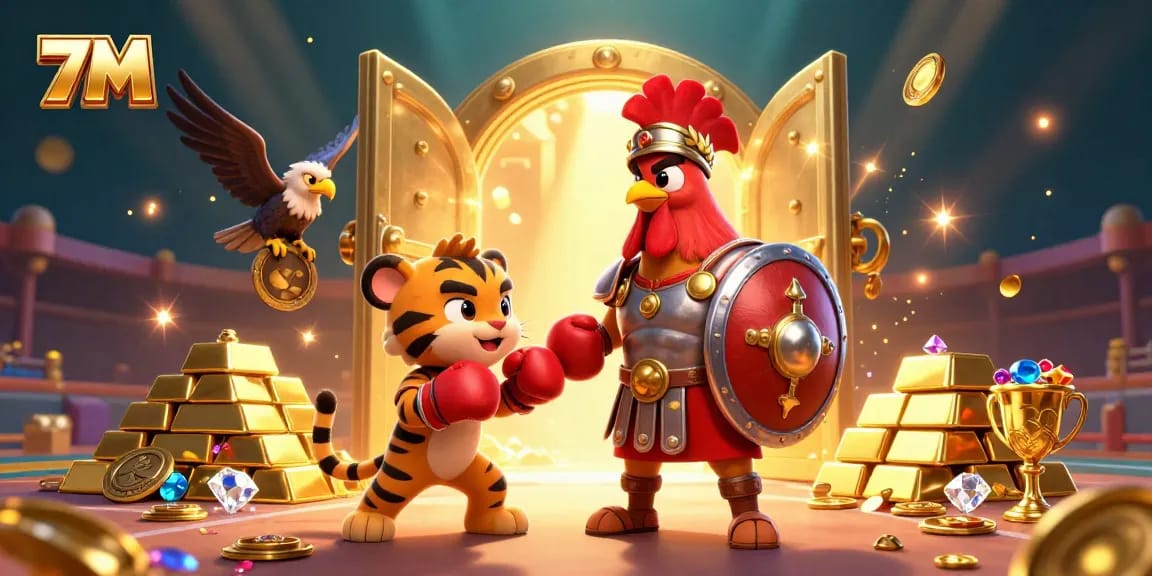 Experience thrilling sports betting excitement with 7M's vibrant and dynamic illustration featuring a rooster gladiator and a tiger cub.