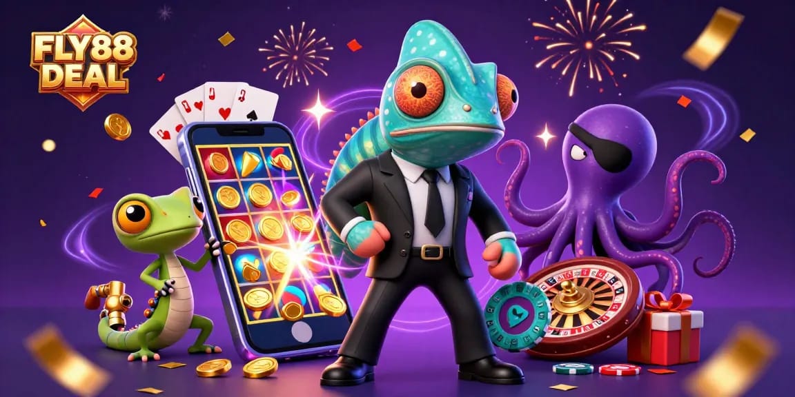 Engage with FLY88 DEAL's vibrant casino world, featuring colorful slot games and dynamic characters.
