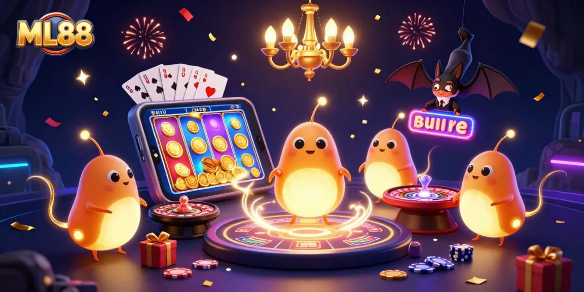 Bet on ML88's vibrant casino scene filled with glowing characters and exciting game elements.