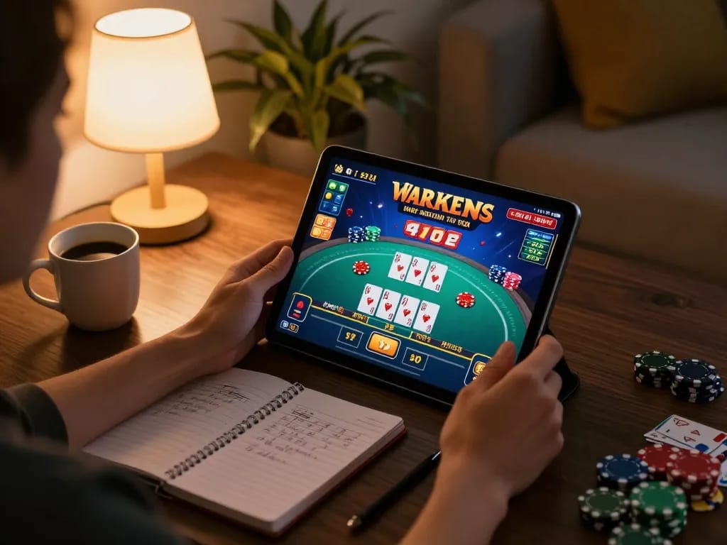 Enjoying a thrilling online poker game with 27G interface on tablet in cozy home setting