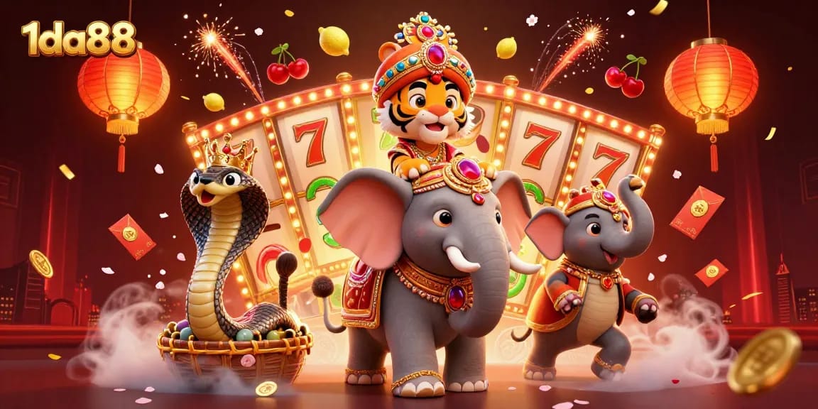 Experience the excitement of 1da88 with a vibrant, 3D casino-themed illustration featuring rich symbols and characters.