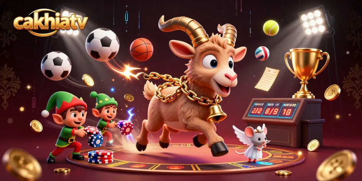 Experience cakhiatv's dynamic gambling scene with 3D characters and sports elements in a vibrant casino setting.