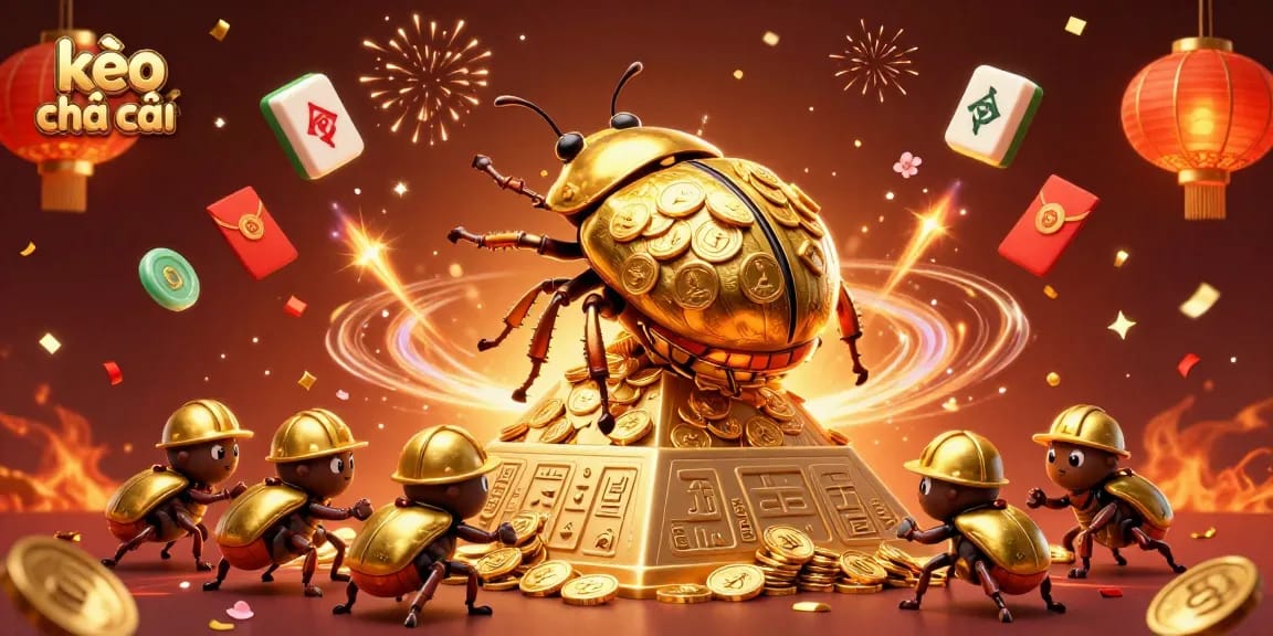 Engage with kèo nhà cái while exploring a lively scene of golden beetles and casino elements.