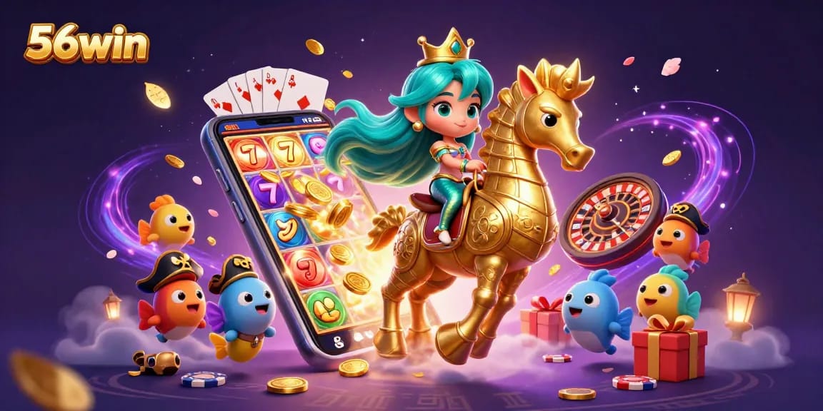 Win big with 56win in this vibrant 3D casino scene featuring a mermaid princess.