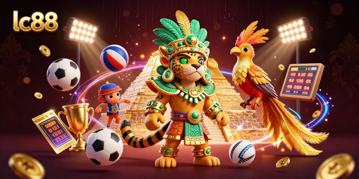 Engage in exciting gaming at lc88 with a lively 3D scene featuring a Mayan jaguar priest and dynamic sports elements.