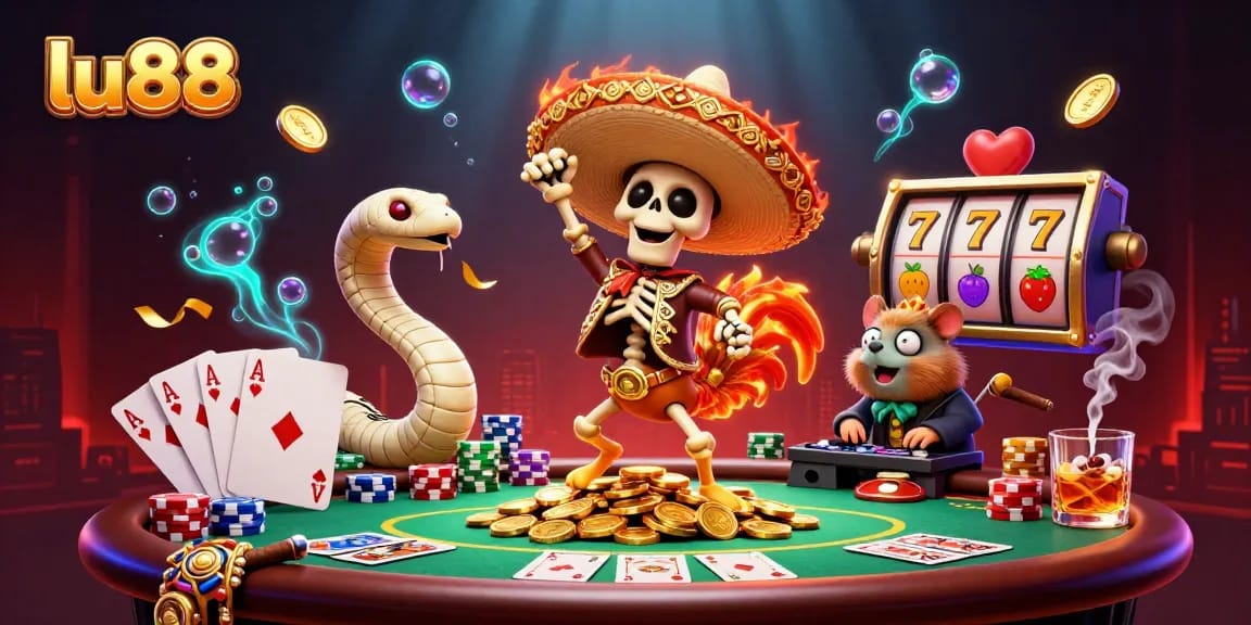 Experience thrilling gaming at lu88 with lively characters in a vibrant casino illustration.