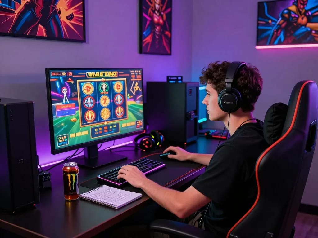 Engaged player enjoying AQ777 live casino experience in a vibrant gaming setup with colorful screens and gaming peripherals.