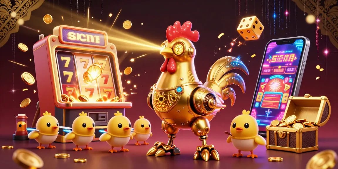 Engage in SC88's thrilling gameplay with a vibrant 3D casino scene featuring a golden rooster robot.