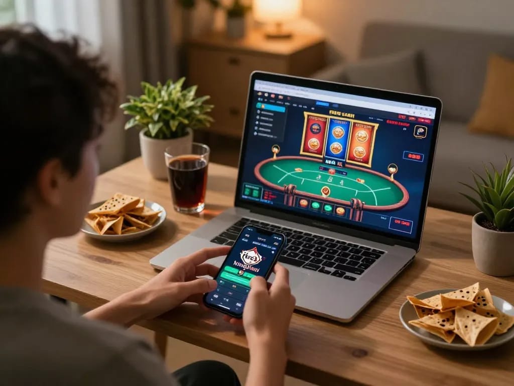 Enjoying king33 mobile gaming experience with friends and snacks in a cozy home setup.