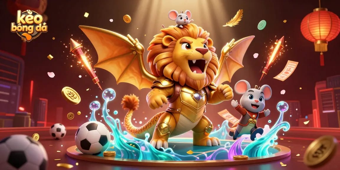 Experience strategic kèo bóng đá thrills with a golden chimera, betting elements, and festive details.