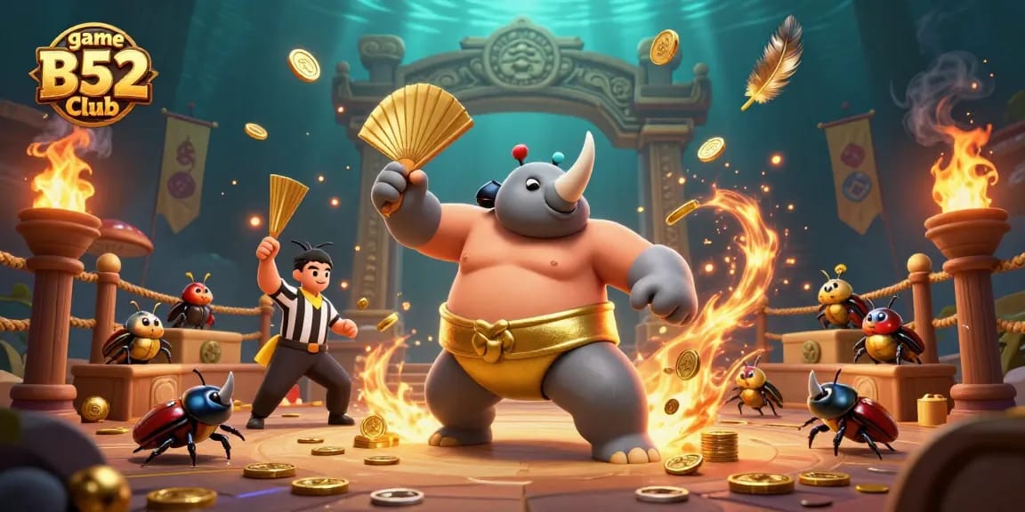 Engage in game B52 Club with a vibrant 3D scene of a beetle champion and gold coins flying