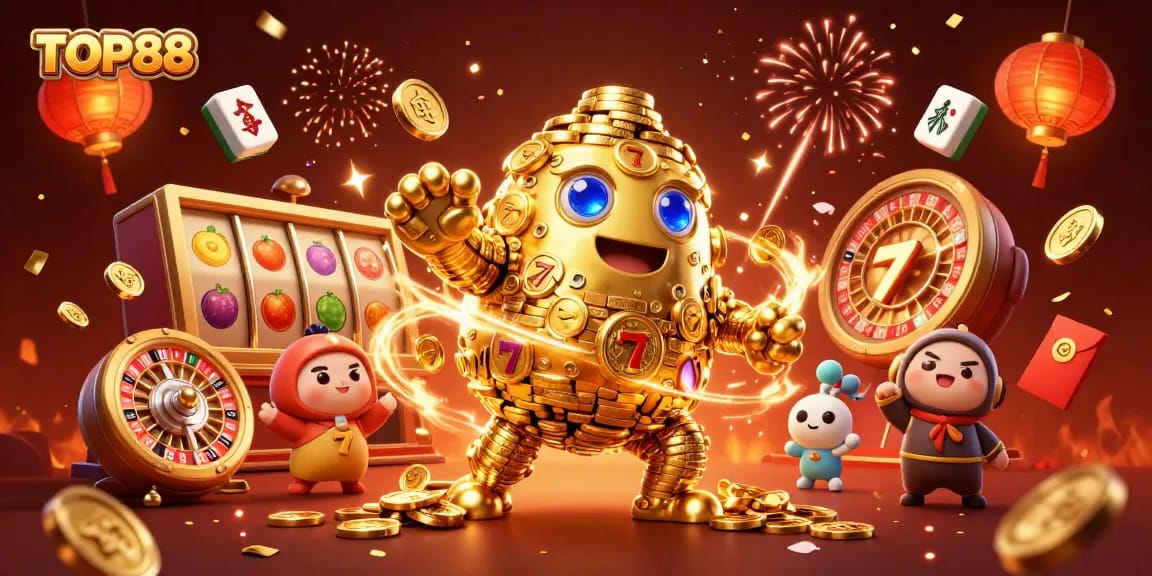 Experience the thrill of TOP88 with a dynamic 3D casino scene featuring golden golems and lively slot elements.