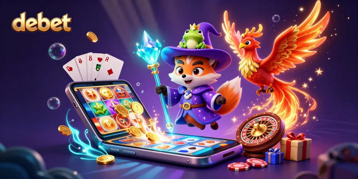 Experience playful gaming with a mystical Debet wizard and phoenix amidst vibrant slot machines and thematic elements.