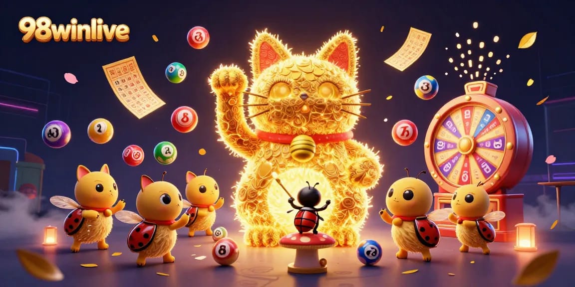 Experience the vibrant atmosphere of 98winlive with a playful lucky cat formed by fireflies.