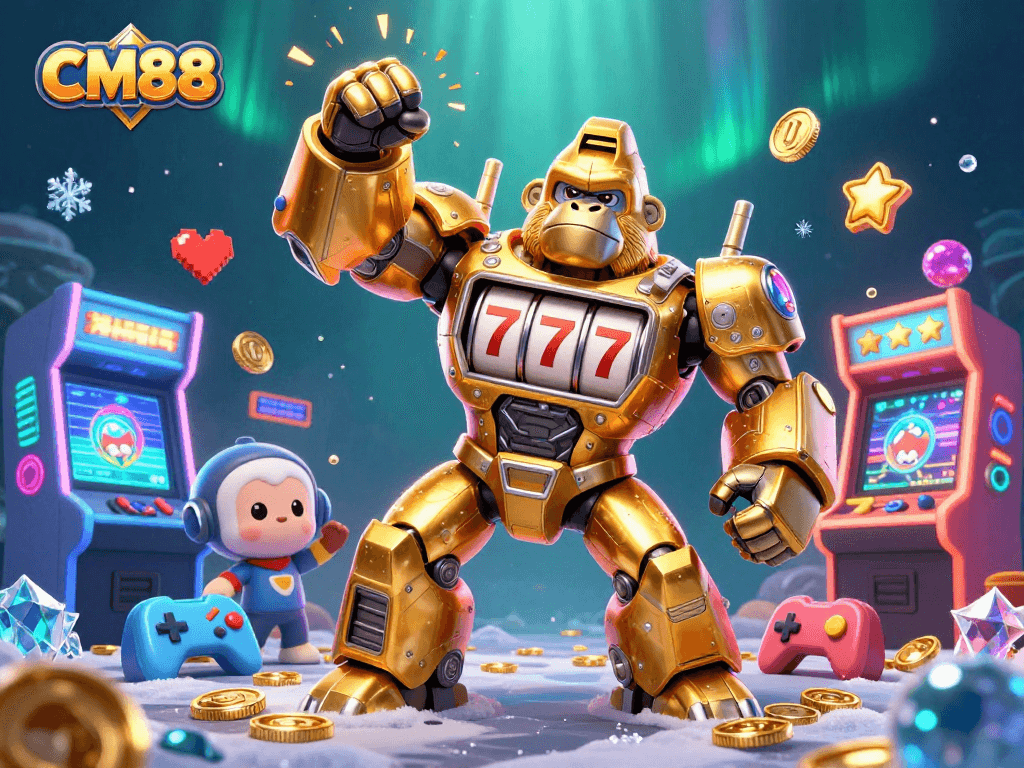 Experience thrilling gameplay with CM88's golden gorilla mech amidst casino elements.