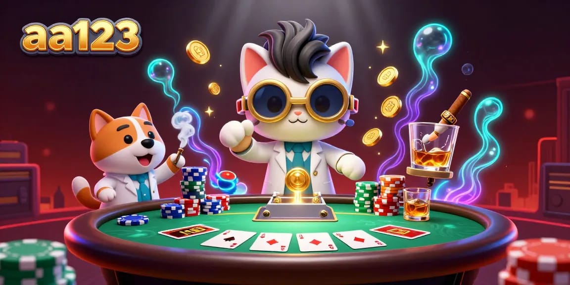Divirta-se com aa123 em uma cena vibrante de cassino com um gato cientista maluco e um cachorro brincalhão!