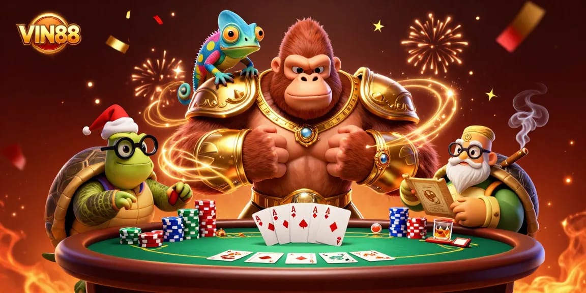 Engage in poker gameplay with VIN88 featuring a gorilla king, chameleon, and tortoise in a vibrant 3D scene.