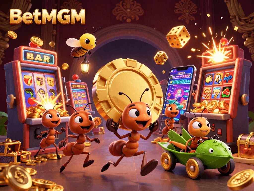BetMGM presents a vibrant casino heist scene with animated ants carrying a giant poker chip among slot machines and treasure.