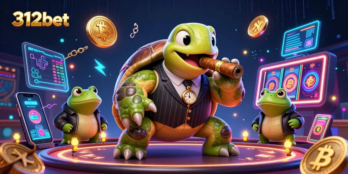 Experience the thrilling slots at 312bet with cartoon characters, neon lights, and vibrant casino elements.